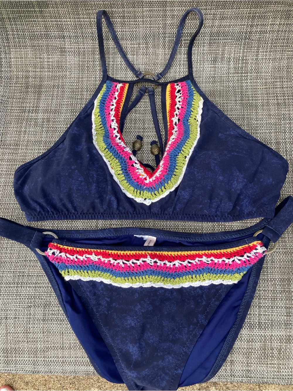 Nanette Lepore Navy Bikini with Multicolor Crochet Trim